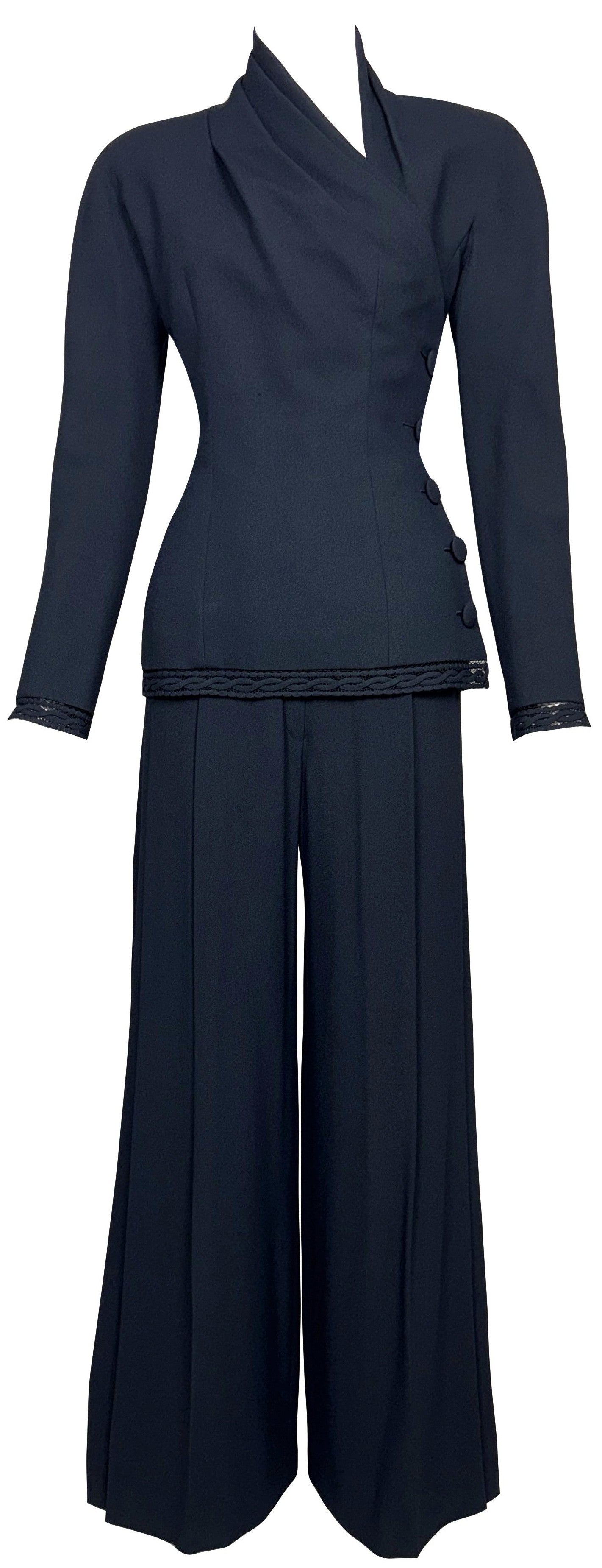 S/S 1999 Christian Dior by John Galliano HAUTE COUTURE 1940's Old Hollywood Vixen Navy Blue High Shoulder Jacket & Wide Leg Pant Suit