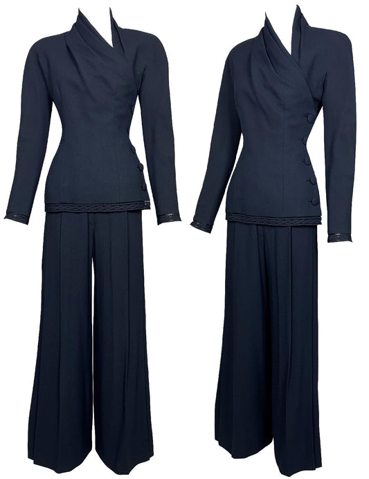 S/S 1999 Christian Dior by John Galliano HAUTE COUTURE 1940's Old Hollywood Vixen Navy Blue High Shoulder Jacket & Wide Leg Pant Suit