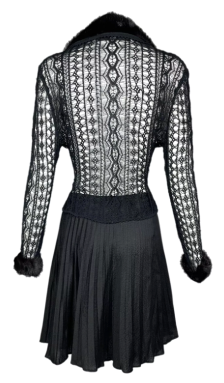 S/S 1999 Christian Dior by John Galliano Black Mink Fur Cardigan Pleated Chinoiserie Mini Skirt Set