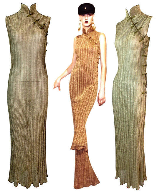 NWT S/S 1999 Christian Dior by John Galliano Runway Sheer Gold Cheongsam Maxi Dress