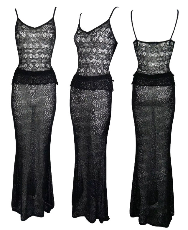 Vintage 1999 Christian Dior by John Galliano Sheer Black Knit Top & Mermaid Maxi Skirt Dress Set