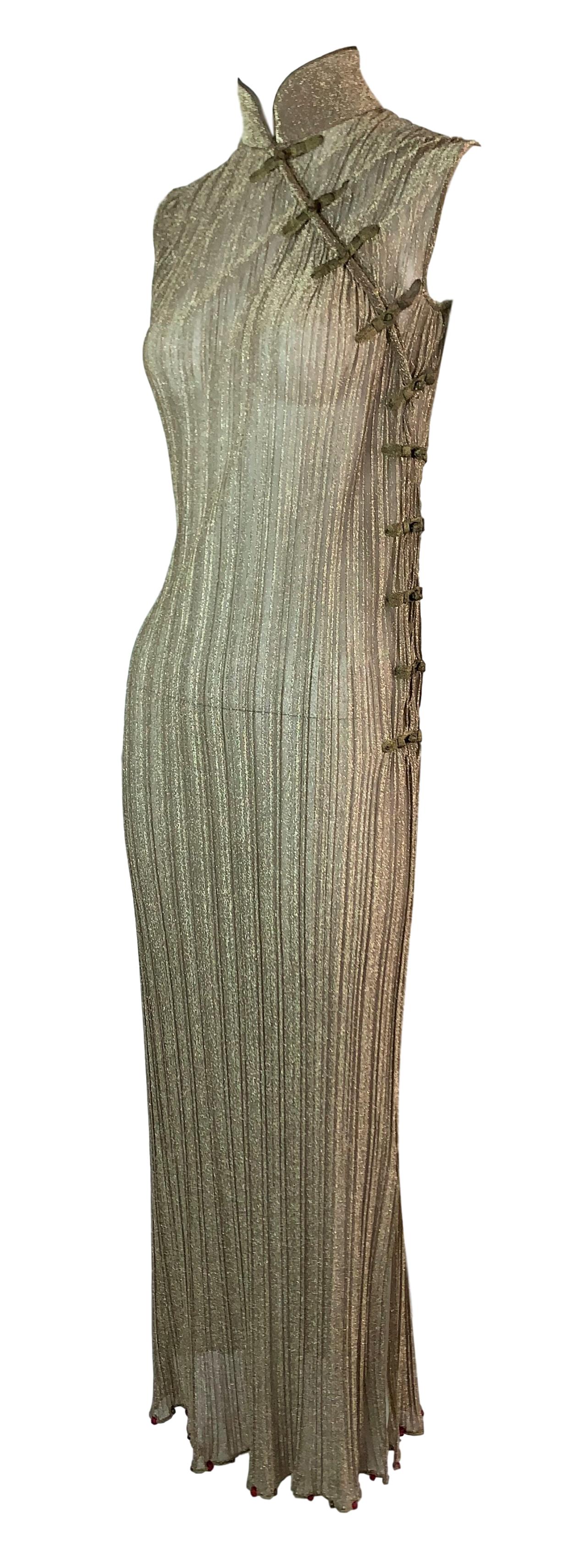 NWT S/S 1999 Christian Dior by John Galliano Runway Sheer Gold Cheongsam Maxi Dress