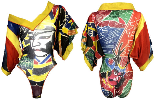 S/S 1999 Jean Paul Gaultier Sheer Mesh Japanese Samurai Print Kimono Sleeve Bodysuit Top