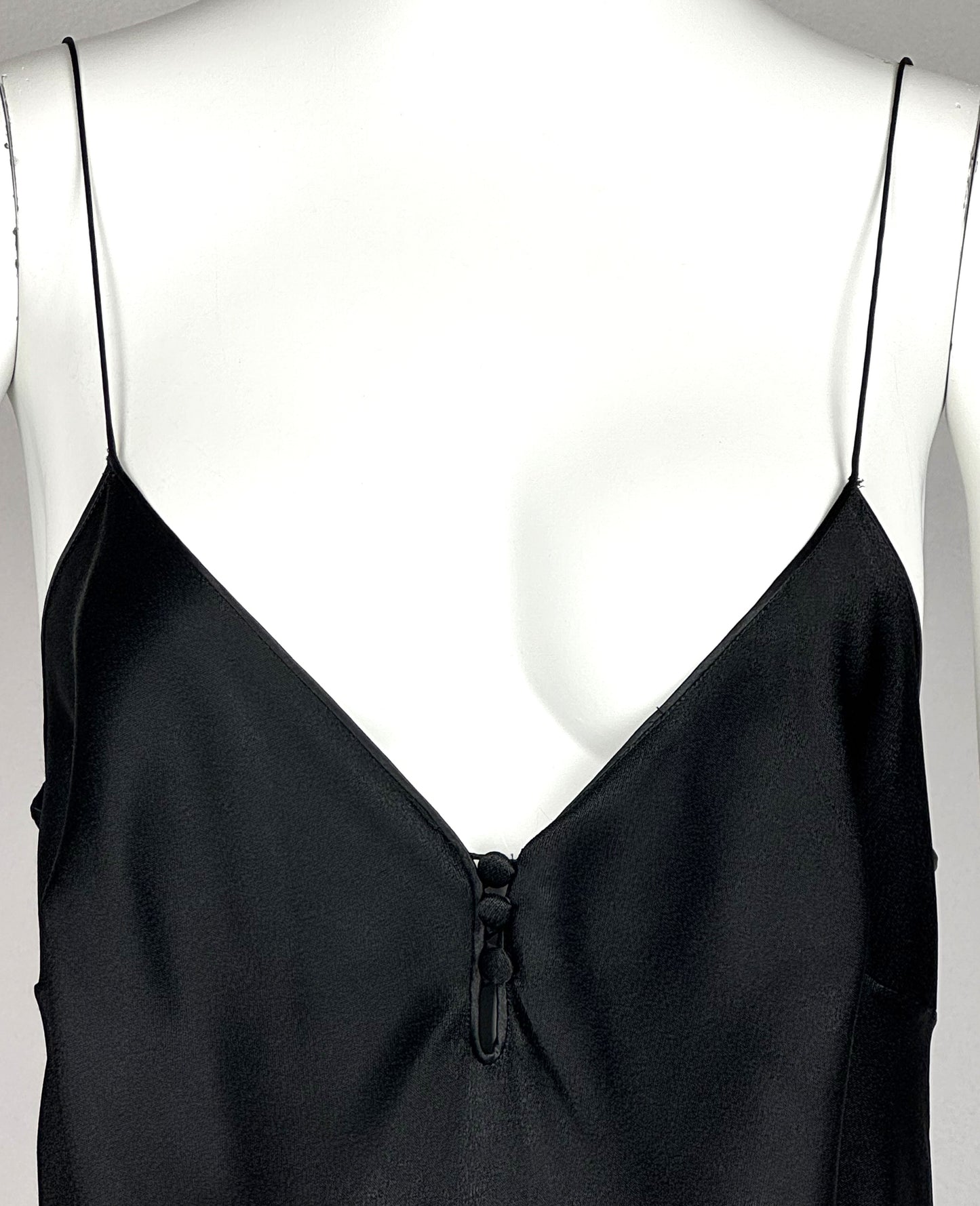 Vintage S/S 1999 John Galliano Black Satin Plunging V Classic 1920's Style Midi Slip Dress