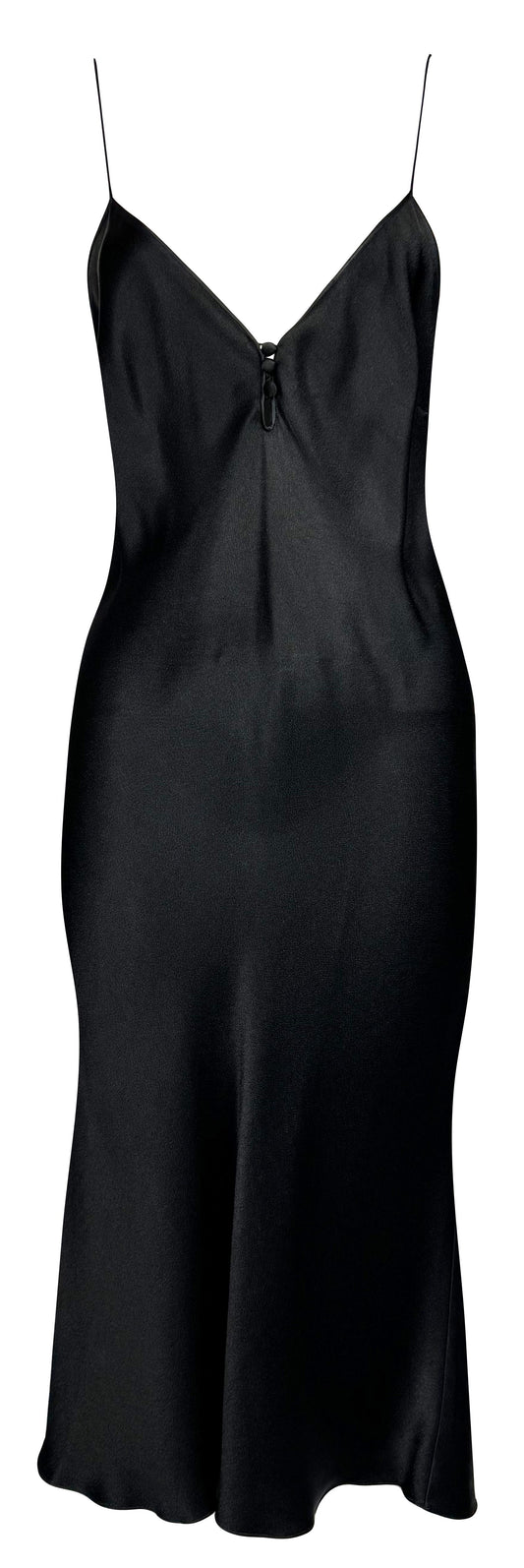Vintage S/S 1999 John Galliano Black Satin Plunging V Classic 1920's Style Midi Slip Dress