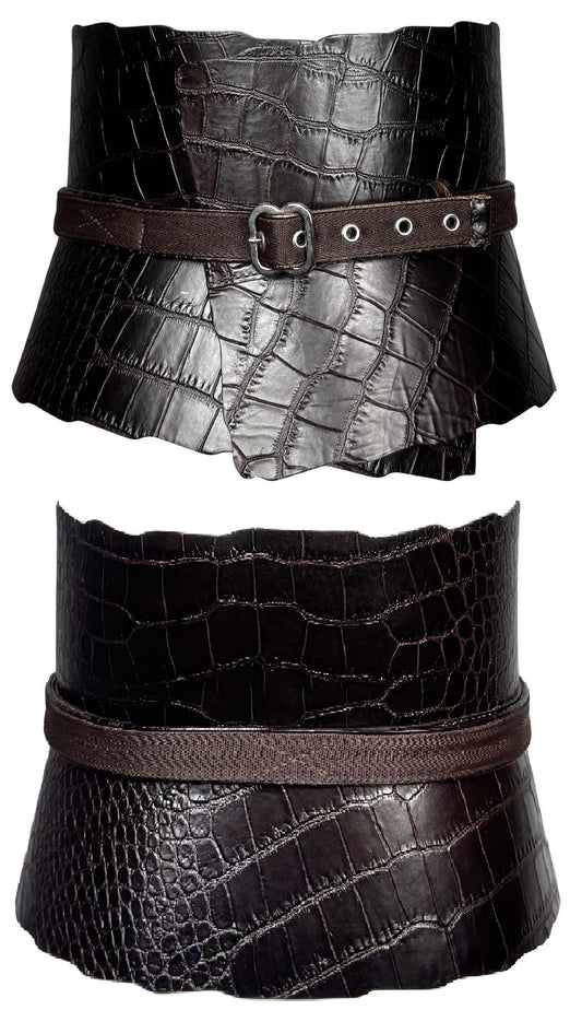 2000's Gianfranco Ferre Brown Crocodile Wide Corset Waist Cincher Belt