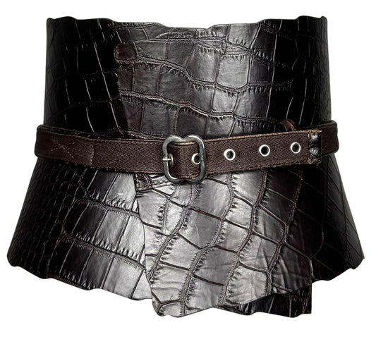2000's Gianfranco Ferre Brown Crocodile Wide Corset Waist Cincher Belt