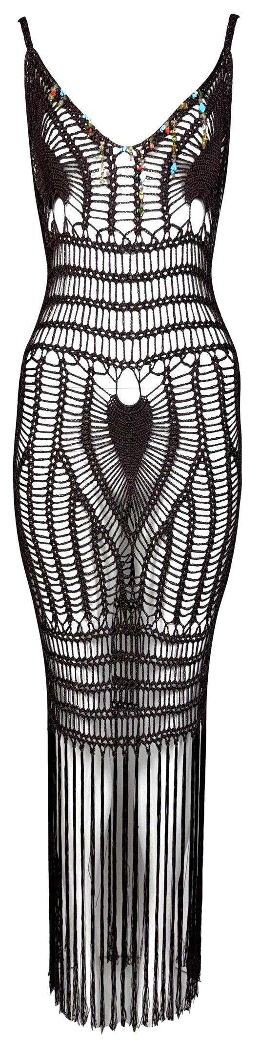 2000's Roberto Cavalli Sheer Brown Knit Beaded Boho Chic Sexy Maxi Bodycon Dress