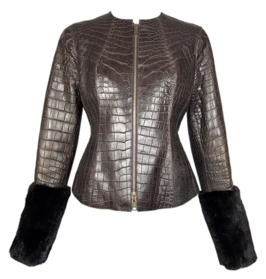 2000's Gianfranco Ferre Brown Crocodile Alligator Mink Fur Fitted Jacket