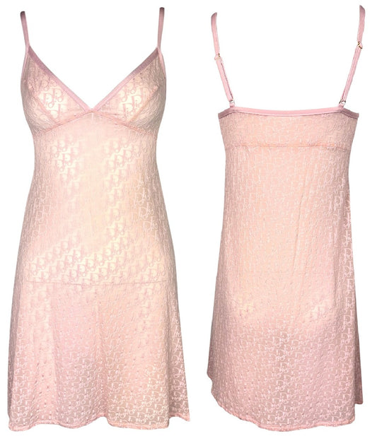 2000's Christian Dior by John Galliano Logo Monogram Sheer Pink Nylon Babydoll Mini Dress
