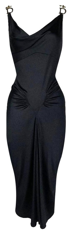 F/W 2000 Christian Dior x John Galliano Black Nylon Bodycon Gold Logo Straps Dress