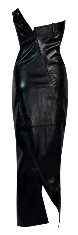 F/W 2000 Christian Dior by John Galliano Runway Black Leather Strapless Bodycon Maxi Dress