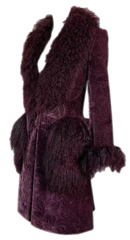 F/W 2000 Christian Dior by John Galliano Burgundy Curly Lamb Velvet Coat Jacket