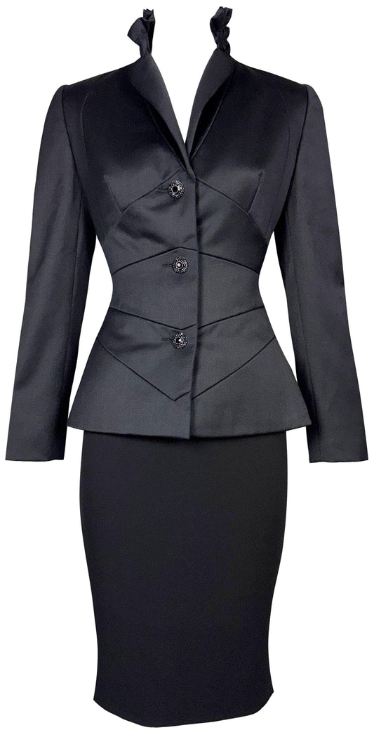 F/W 2000 Christian Dior x John Galliano 1940's Hollywood Vixen High Neck Fitted Waist Morticia Jacket Skirt Suit