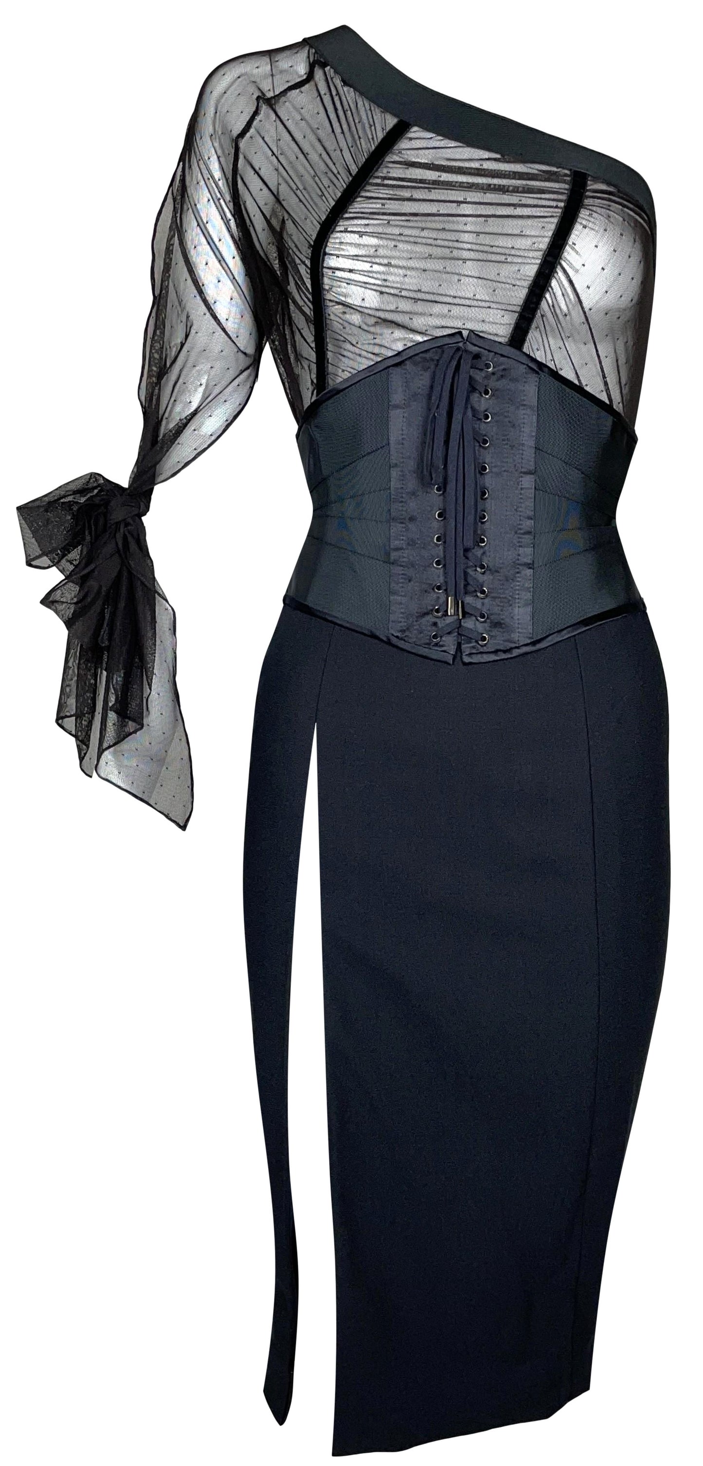 F/W 2000 Christian Dior by John Galliano Haute Couture Runway Sheer Black Corset One Arm Dress