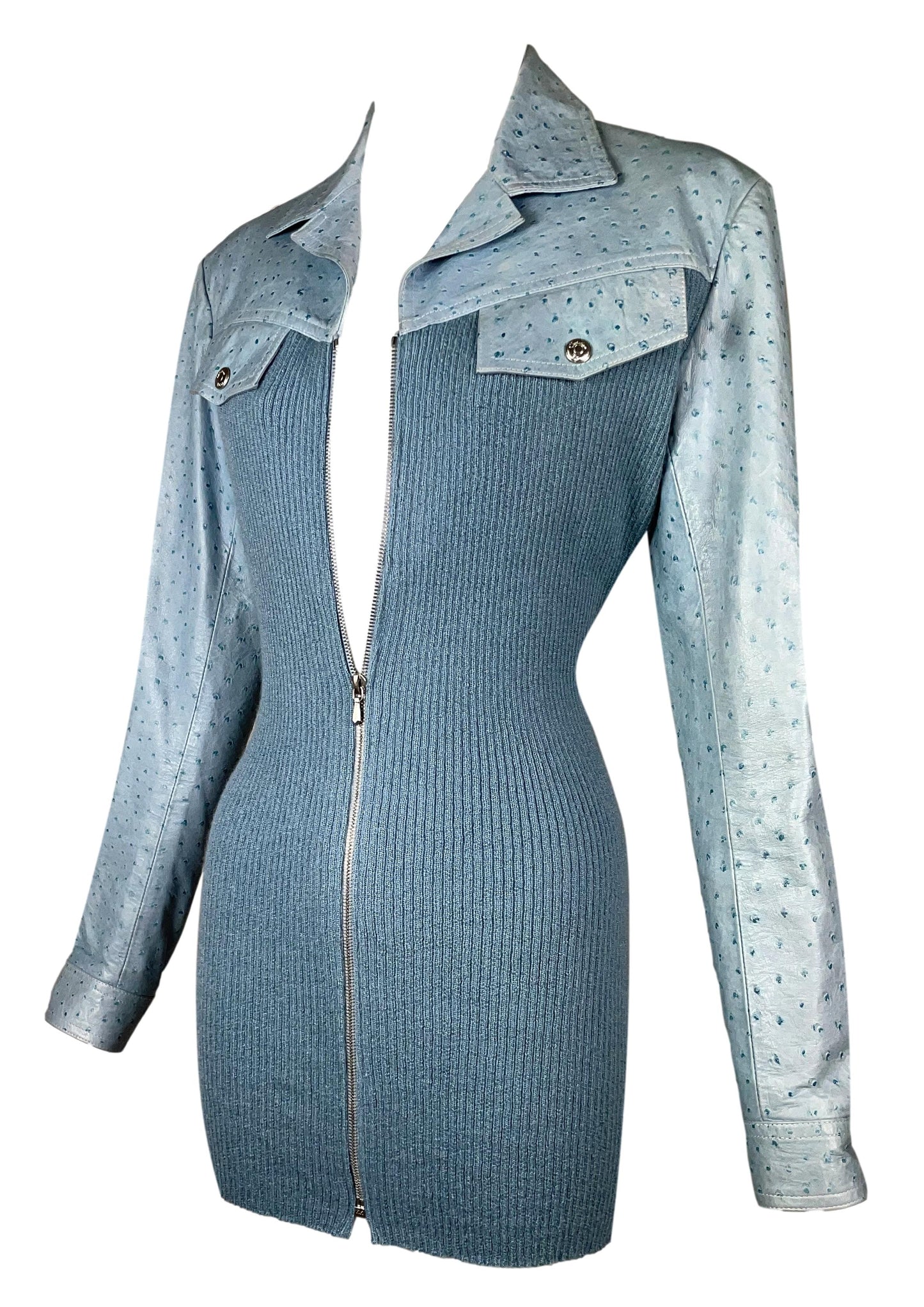 F/W 2000 Christian Dior by John Galliano Pastel Blue Leather & Knit Zip-Up Mini Dress