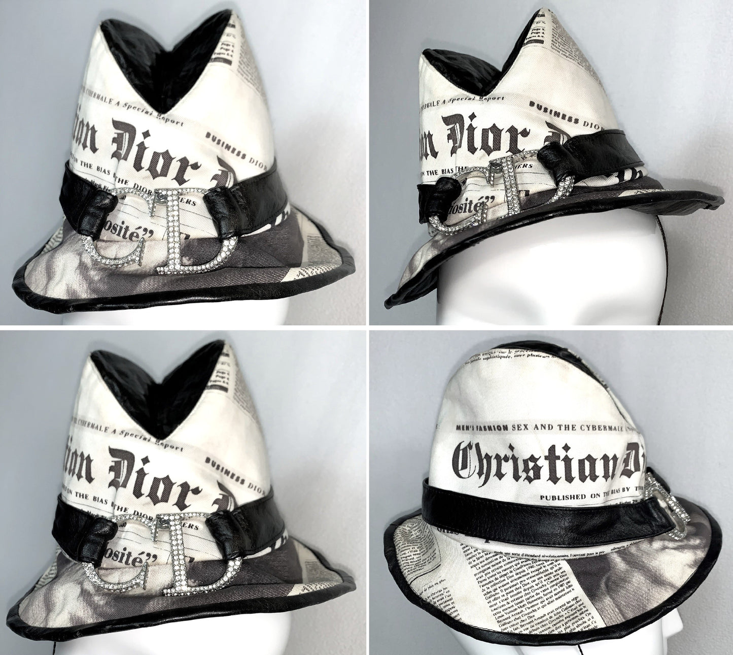 F/W 2000 Christian Dior John Galliano EXTREMELY RARE ARCHIVE COUTURE Stephen Jones Newsprint Large Crystal Logo Hat