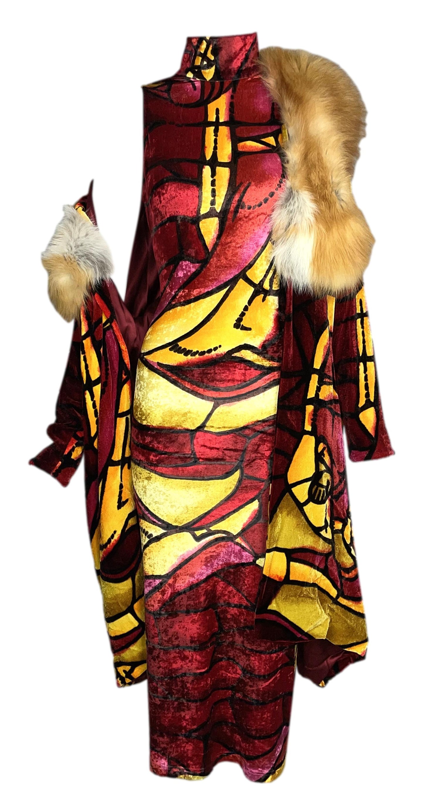 F/W 2000 Christian Dior by John Galliano Velvet Stained Glass Bodycon Dress & Matching Opera Coat w Fox Fur