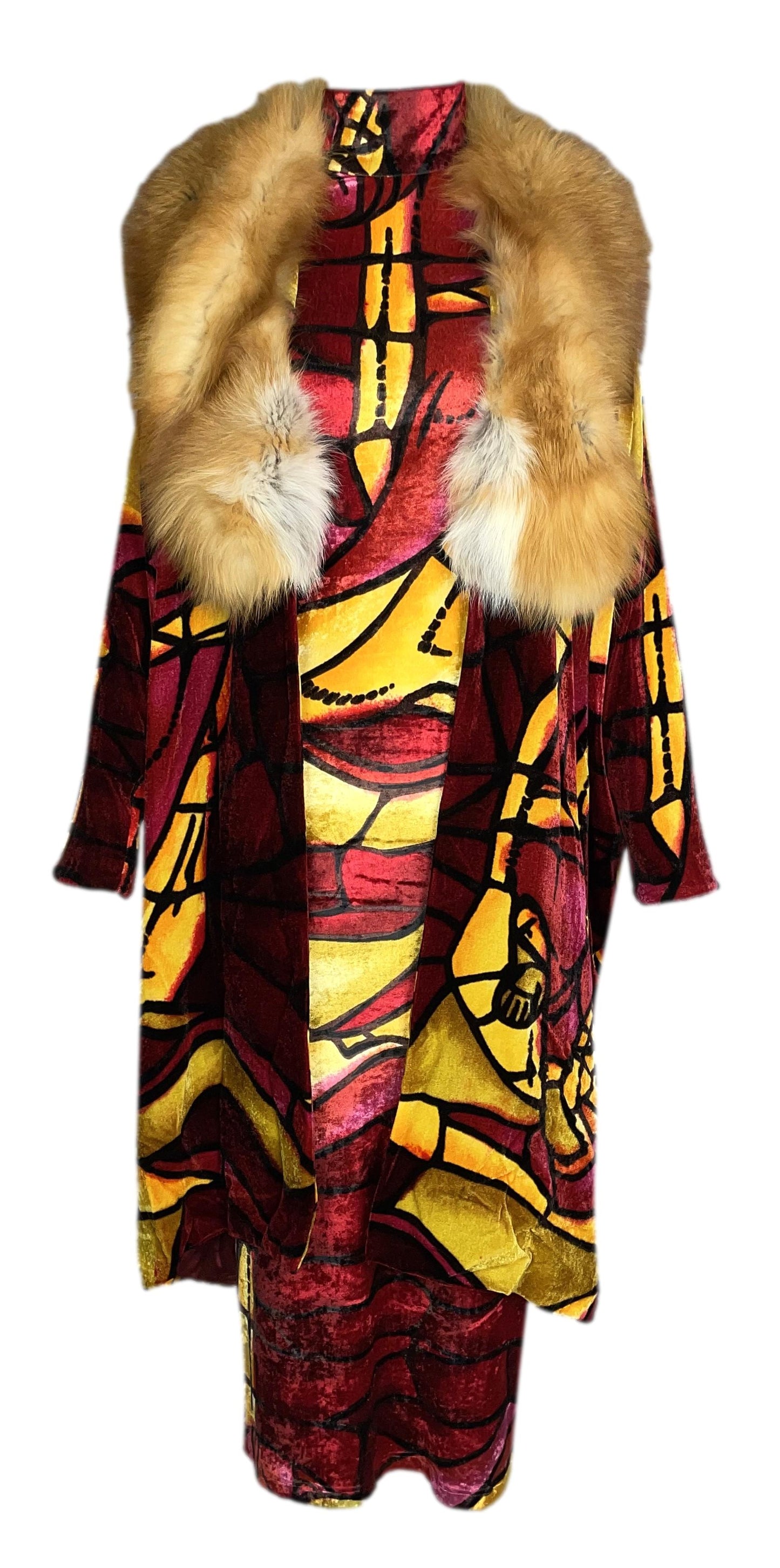 F/W 2000 Christian Dior by John Galliano Velvet Stained Glass Bodycon Dress & Matching Opera Coat w Fox Fur