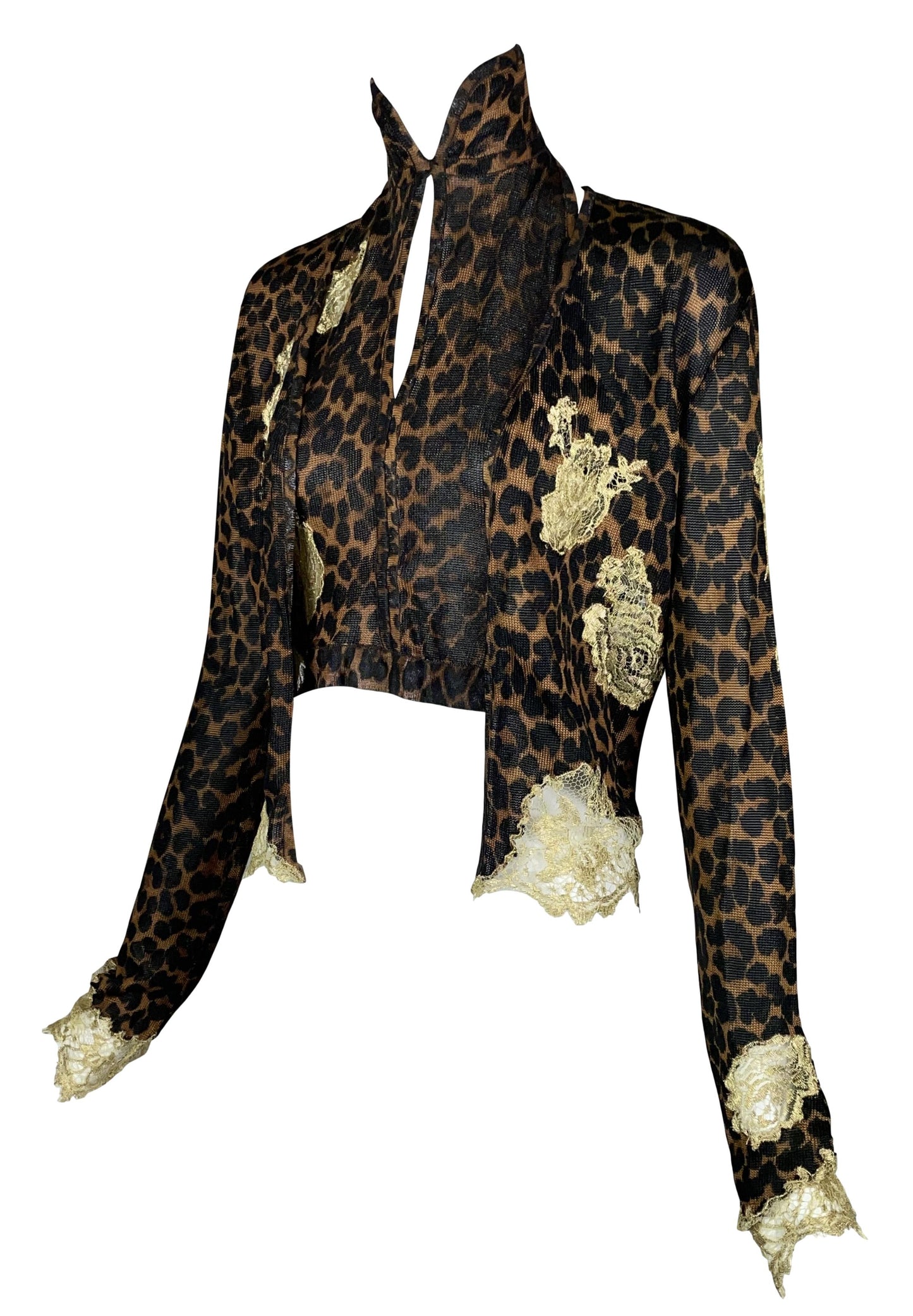 F/W 2000 Christian Dior by John Galliano Cheongsam Leopard Crop Top & Gold Lace Cardigan Set