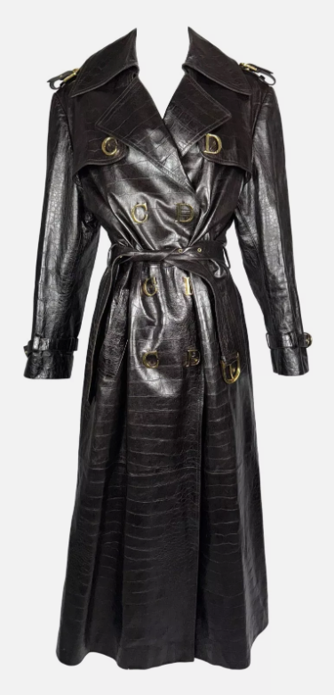 F/W 2000 Christian Dior by John Galliano Runway Brown Leather Faux Croc Trench Coat Jacket & Pants Suit Set
