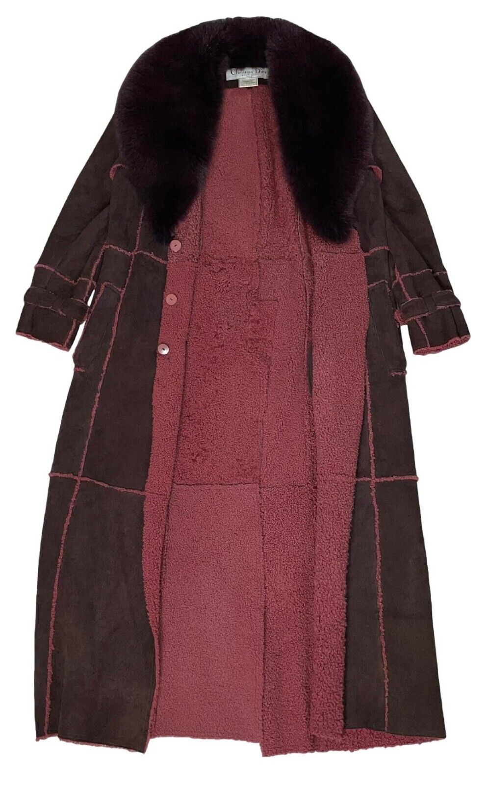 F/W 2000 Christian Dior by John Galliano Burgundy Suede Shearling & Fox Fur Gold Logo Buttons Coat
