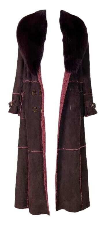 F/W 2000 Christian Dior by John Galliano Burgundy Suede Shearling & Fox Fur Gold Logo Buttons Coat
