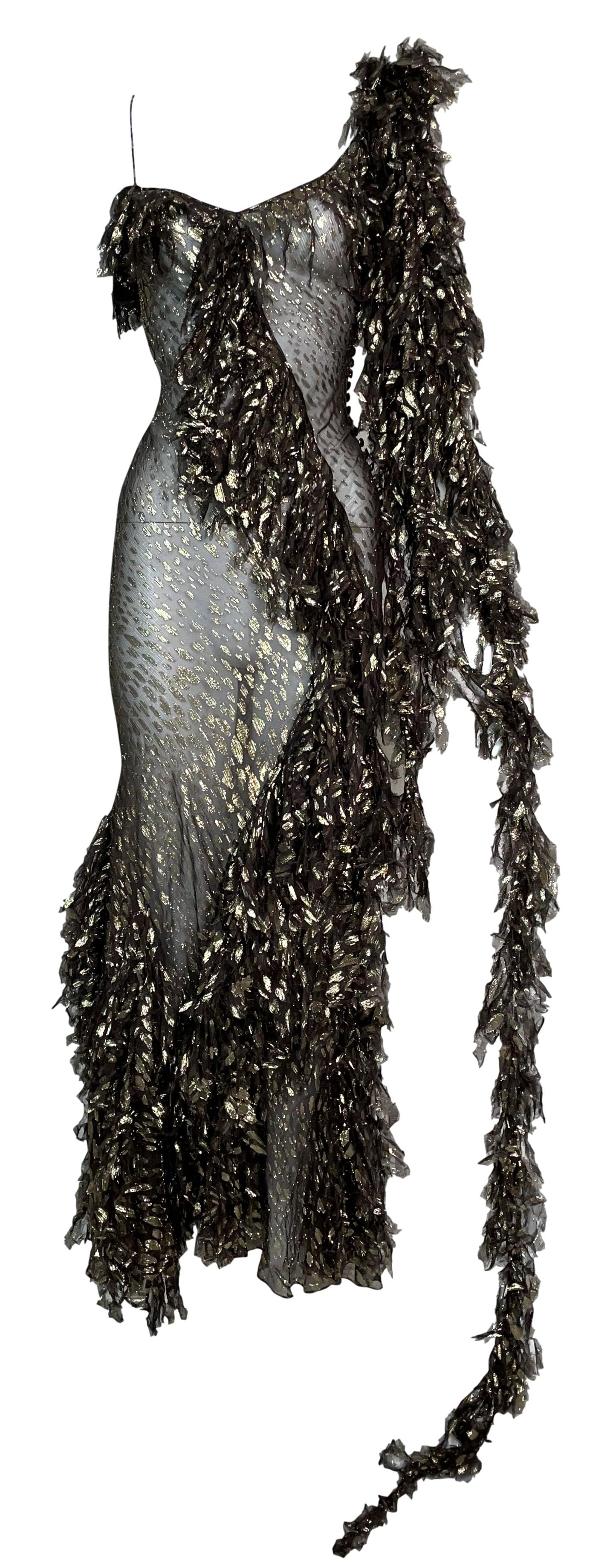F/W 2000 Christian Dior by John Galliano Runway Brown & Gold Ruffle Maxi Dress w Long Sash