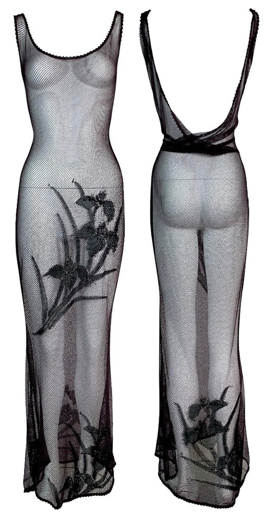 F/W 2000 Christian Dior by John Galliano Sheer 1920's Style Burgundy Fishnet Embellished Bodycon Mermaid Maxi Dress