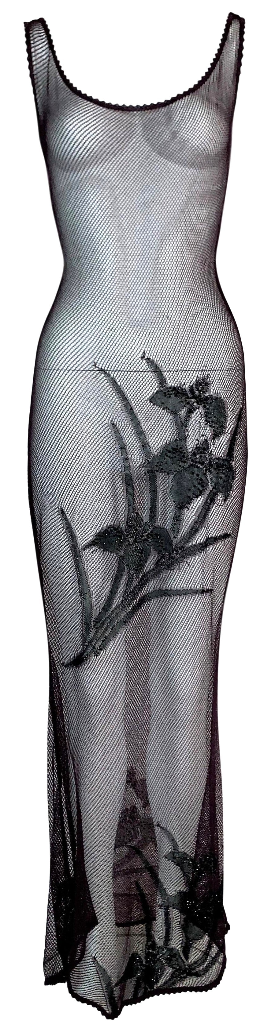 F/W 2000 Christian Dior by John Galliano Sheer 1920's Style Burgundy Fishnet Embellished Bodycon Mermaid Maxi Dress