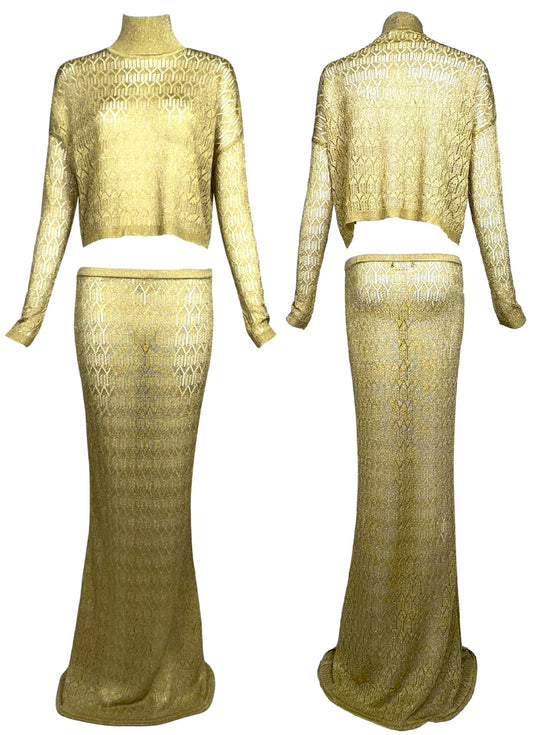 F/W 2000 Christian Dior by John Galliano Semi-Sheer Gold Knit Crop Top Sweater & Bodycon Maxi Skirt Set