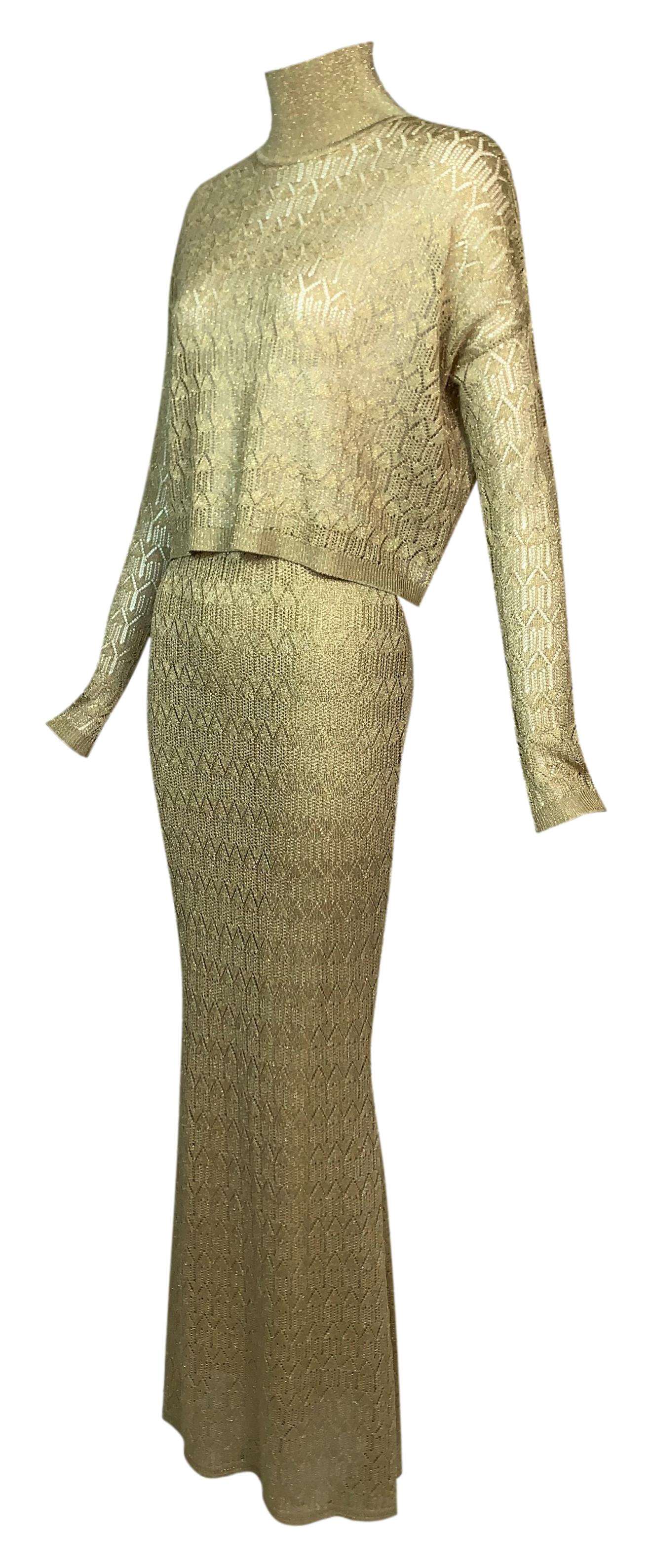 F/W 2000 Christian Dior by John Galliano Gold Knit L/S Crop Top & Mermaid Maxi Skirt Set