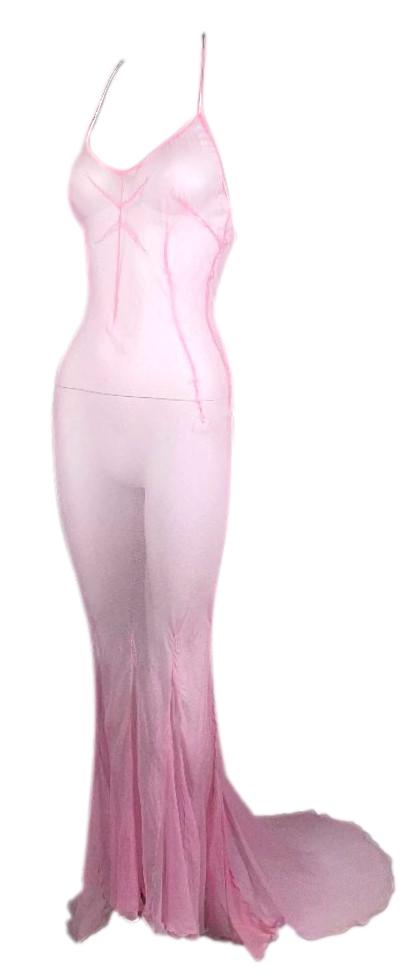 F/W 2000 Dolce & Gabbana Runway Sheer Pastel Pink Silk Halter Gown Dress w Train