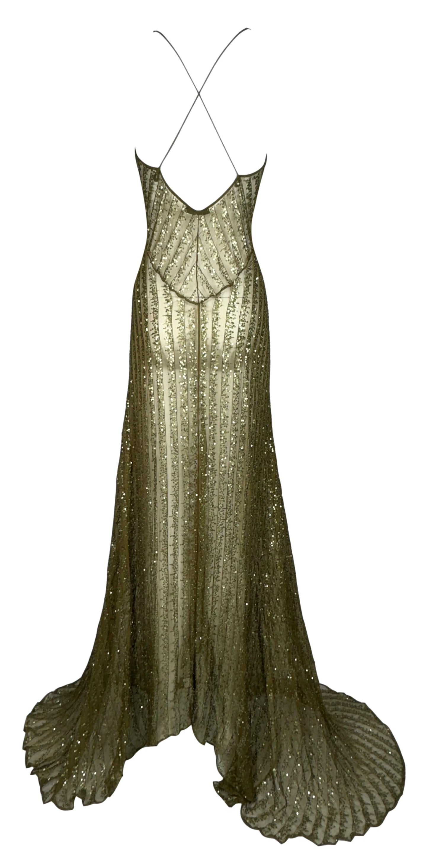 F/W 2000 Donna Karan Sheer Green Silk Gold Sequin Embellished Plunging Gown Dress