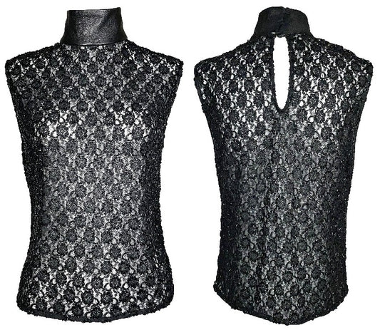 RARE F/W 2000 Fausto Puglisi Sheer Black Lace Beaded Rock Star Tank Top