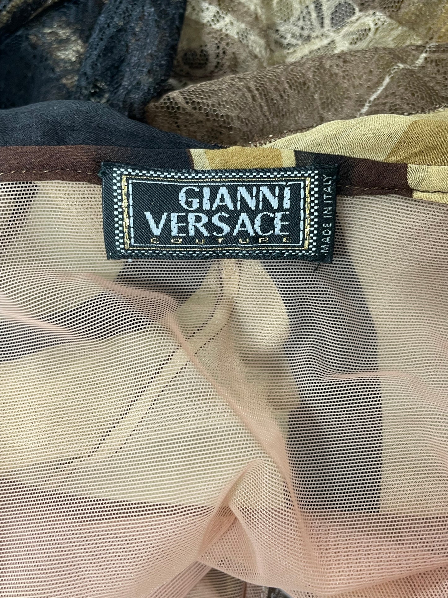 F/W 2000 Gianni Versace Runway Documented Plunging Brown Lace 1970's Style Gown Dress 44
