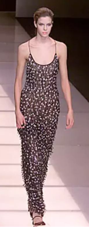 F/W 2000 Giorgio Armani Runway Sheer Black Beaded Embellished Mesh Maxi Dress