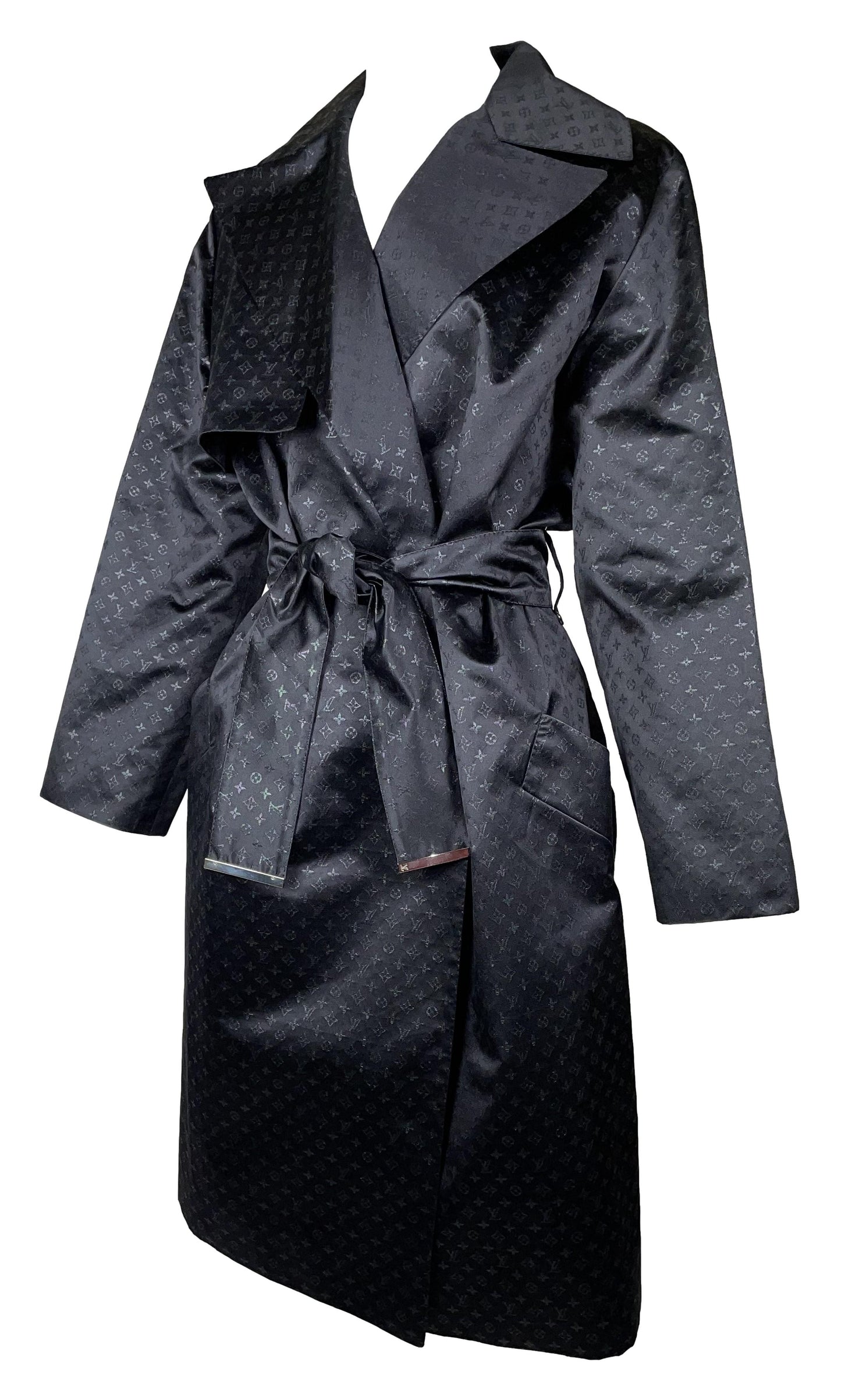 F/W 2000 Louis Vuitton Runway Black Silk Logo Monogram Trench Coat Jacket