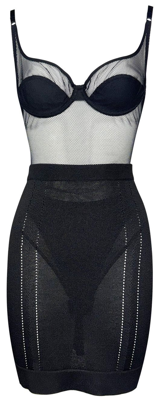 2000's Gianfranco Ferre Sheer Black Fishnet Mesh Bodysuit & Bodycon Mini Skirt Set