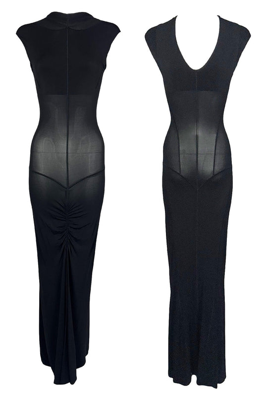 2000's Roberto Cavalli Sheer Black Nylon Bodycon Wiggle Maxi Dress