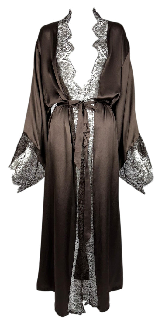 2000's Christian Dior by John Galliano Brown Silk Satin w Lace Kimono Robe