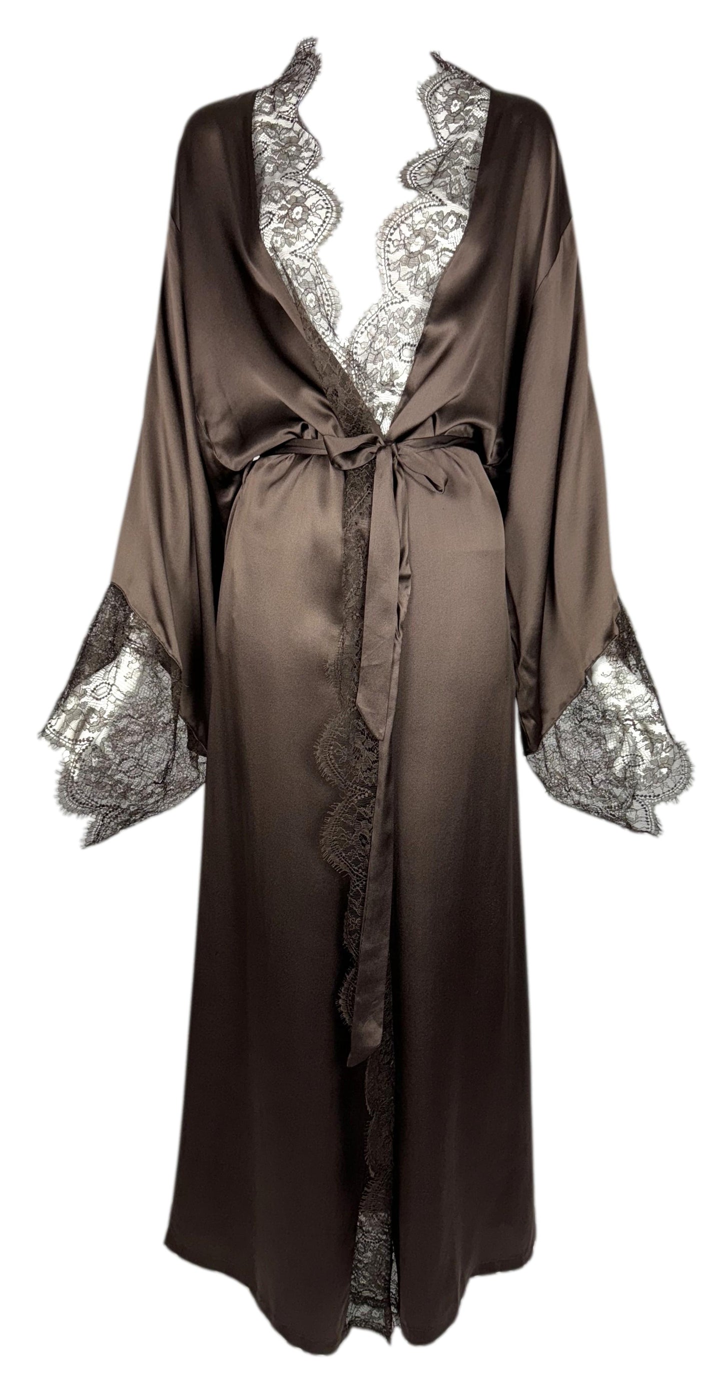 2000's Christian Dior by John Galliano Brown Silk Satin w Lace Kimono Robe