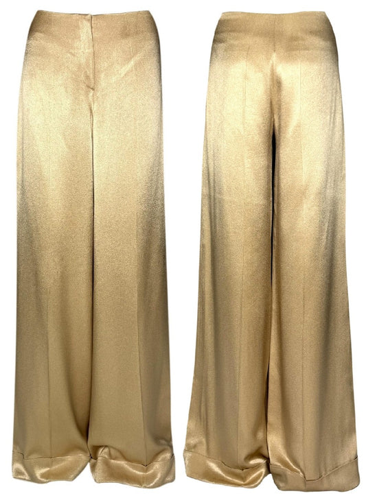 2000's Christian Dior by John Galliano Haute Couture Gold Satin 1940's Old Hollywood Wide Leg Long Pants