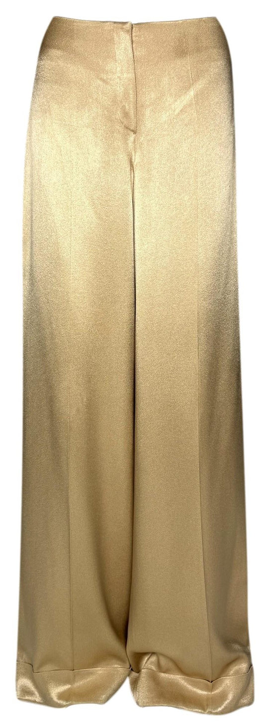 2000's Christian Dior by John Galliano Haute Couture Gold Satin 1940's Old Hollywood Wide Leg Long Pants
