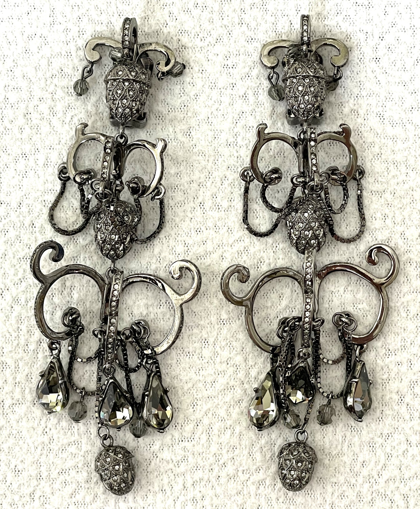 2000's Christian Dior by John Galliano Huge Pewter Crystal Chandelier Earrings & Necklace Set
