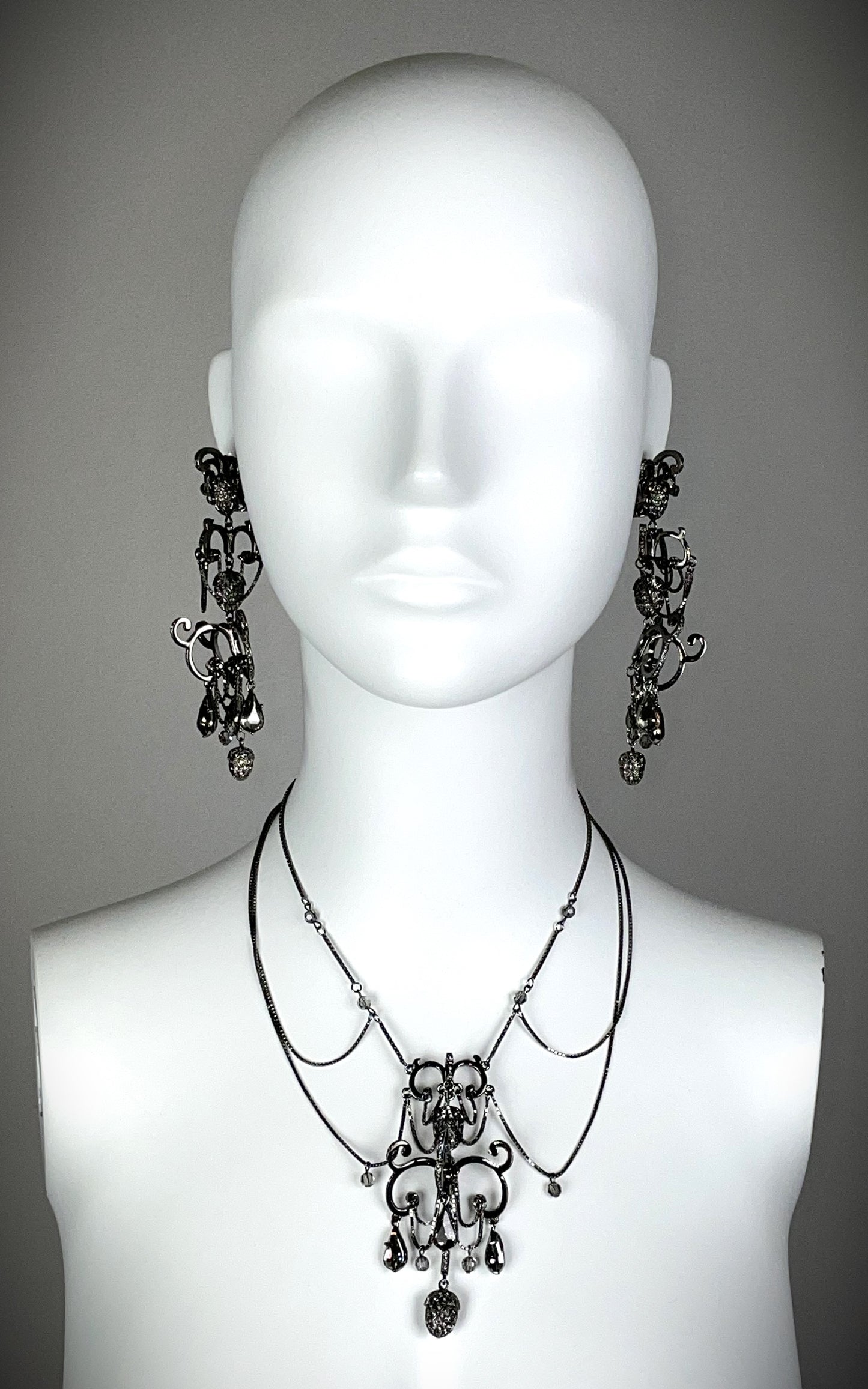 2000's Christian Dior by John Galliano Huge Pewter Crystal Chandelier Earrings & Necklace Set
