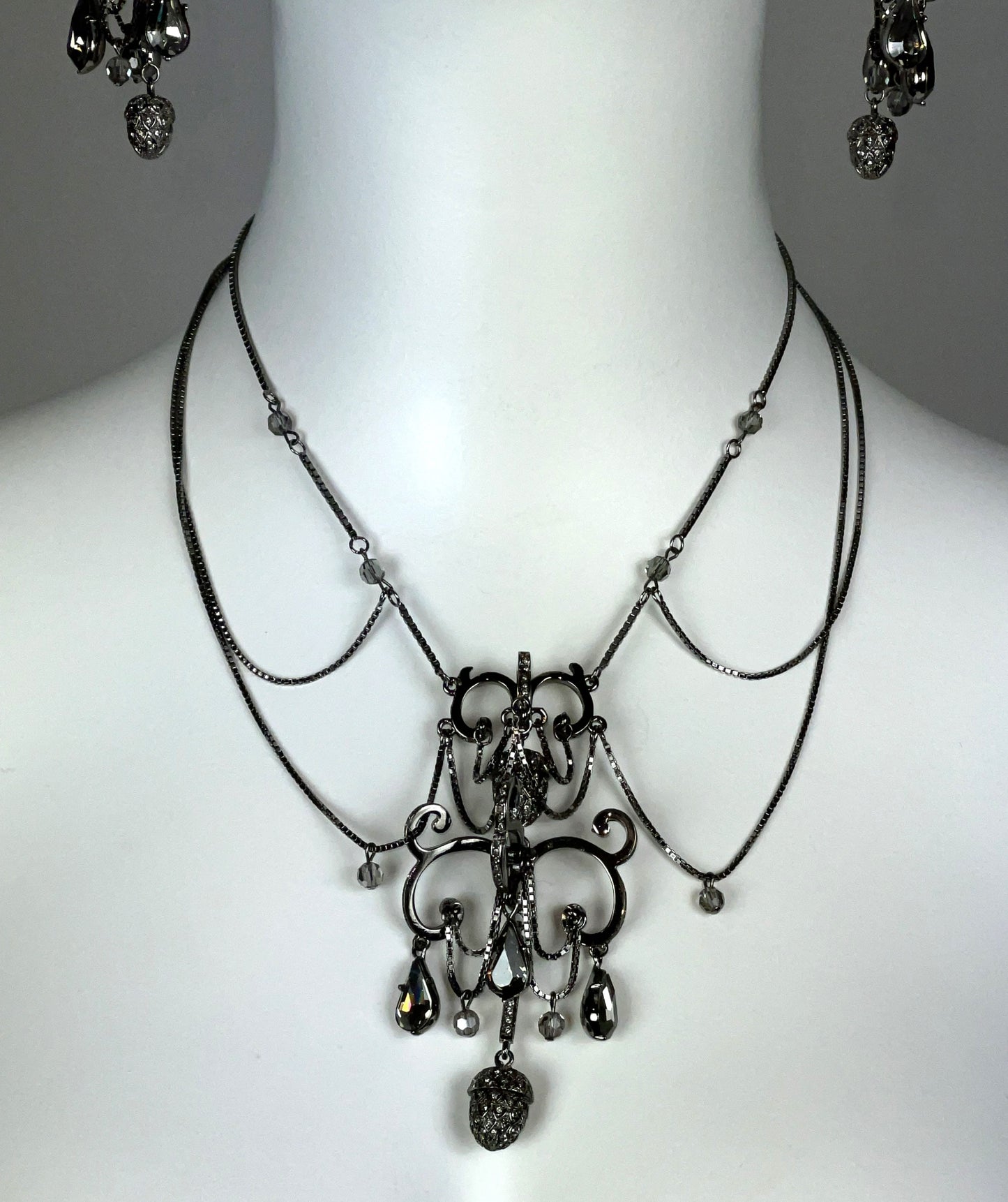 2000's Christian Dior by John Galliano Huge Pewter Crystal Chandelier Earrings & Necklace Set