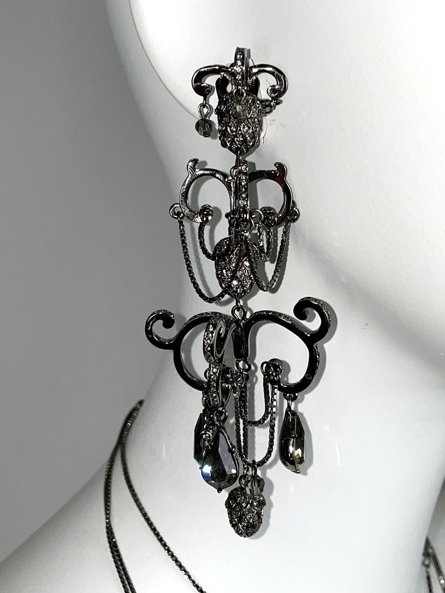 2000's Christian Dior by John Galliano Huge Pewter Crystal Chandelier Earrings & Necklace Set