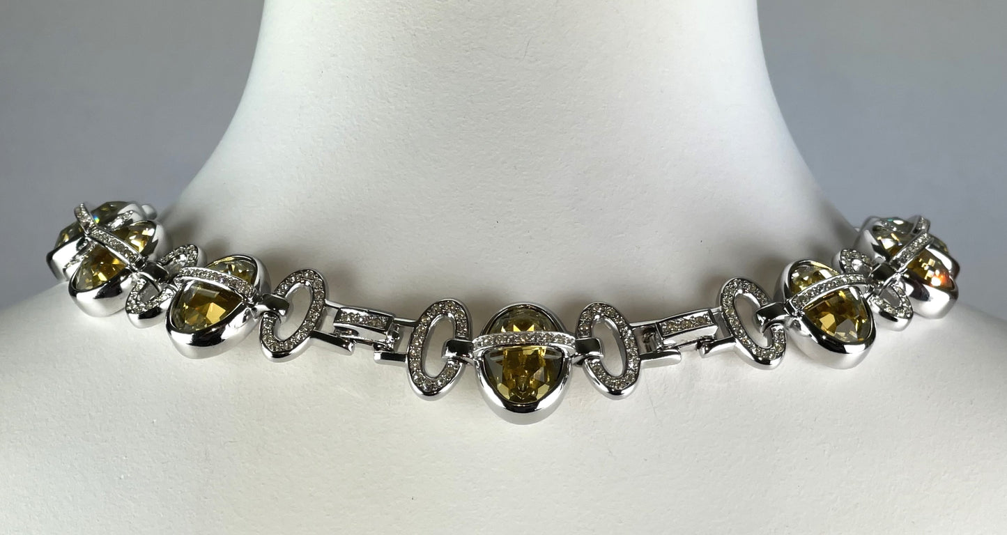 2000's Christian Dior by John Galliano 1940's Old Hollywood Silver & Canary Yellow Crystal Necklace