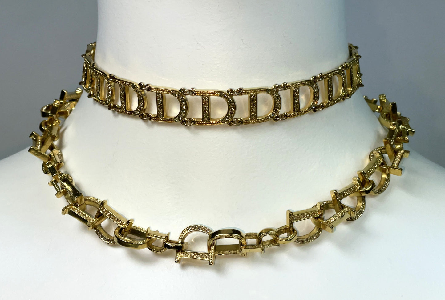 2000's Christian Dior by John Galliano Gold Crystal Logo Cuff Bracelet Rings 2 Chokers & Earrings Set
